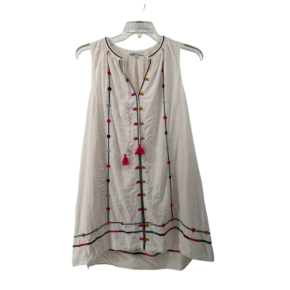 Madewell Womens Ivory Embroidered Linen Tassel Sleeveless Tunic Top G4932 S